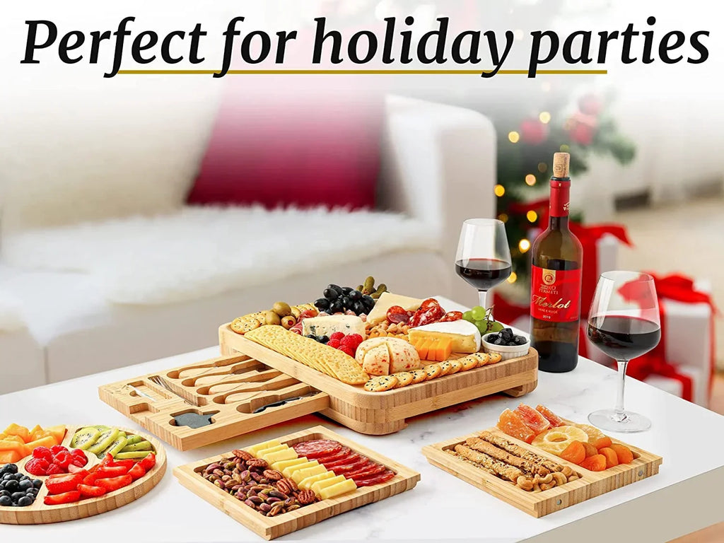 2026 NewZulay Kitchen Bamboo Cheese Board Set Extra Thick Charcuterie Board 15 Piece - Deluxe Set