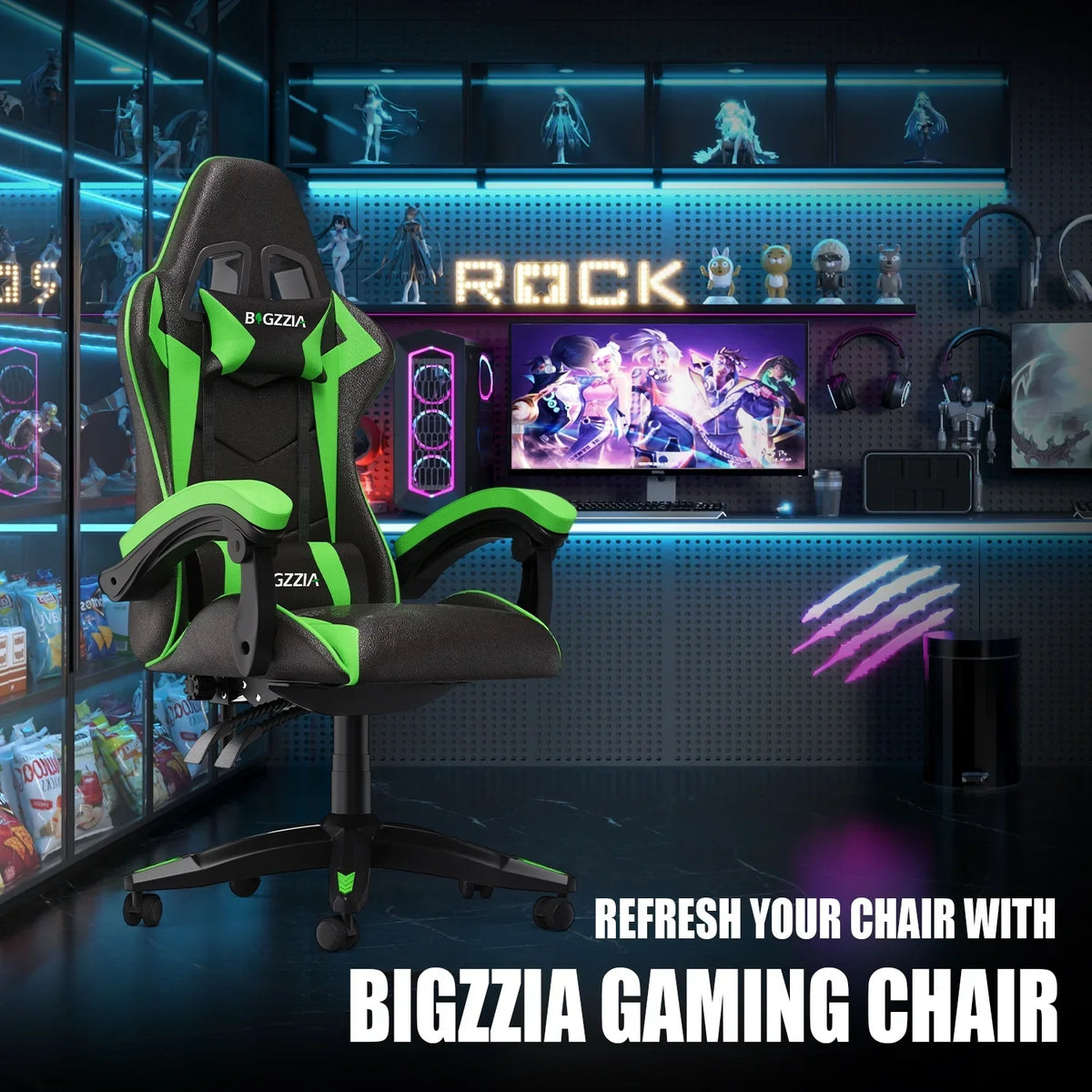 2026 NewBigzzia Gaming Chair Office Chair, Ergonomic Game Chair with Height Adjustable Headrest and Lumbar Support for Adults Teens, Black & White