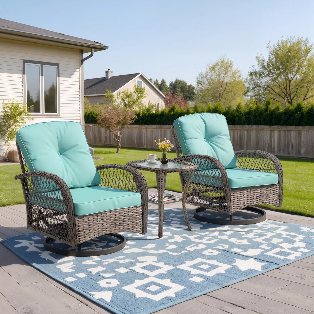 2026 New3 Piece Patio Swivel Rocker Chairs Set, 2 360-Degree Swivel Rocking Chairs with 1 Glass Top Table, PE Rattan Outdoor Bistro Set with Cushions for Balcony Deck Poolside Backyard Porch