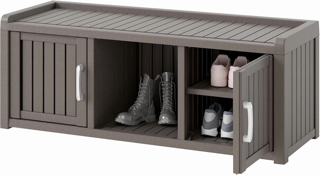 2026 NewKAMABOKO Outdoor Shoe Storage Cabinet, Waterproof UV-Resistant Entryway Storage Bench Indoor Outdoor with 2 Barn Doors, Adjustable Shelves for Entryway, Bedroom, Hallway,Living Room(Black)
