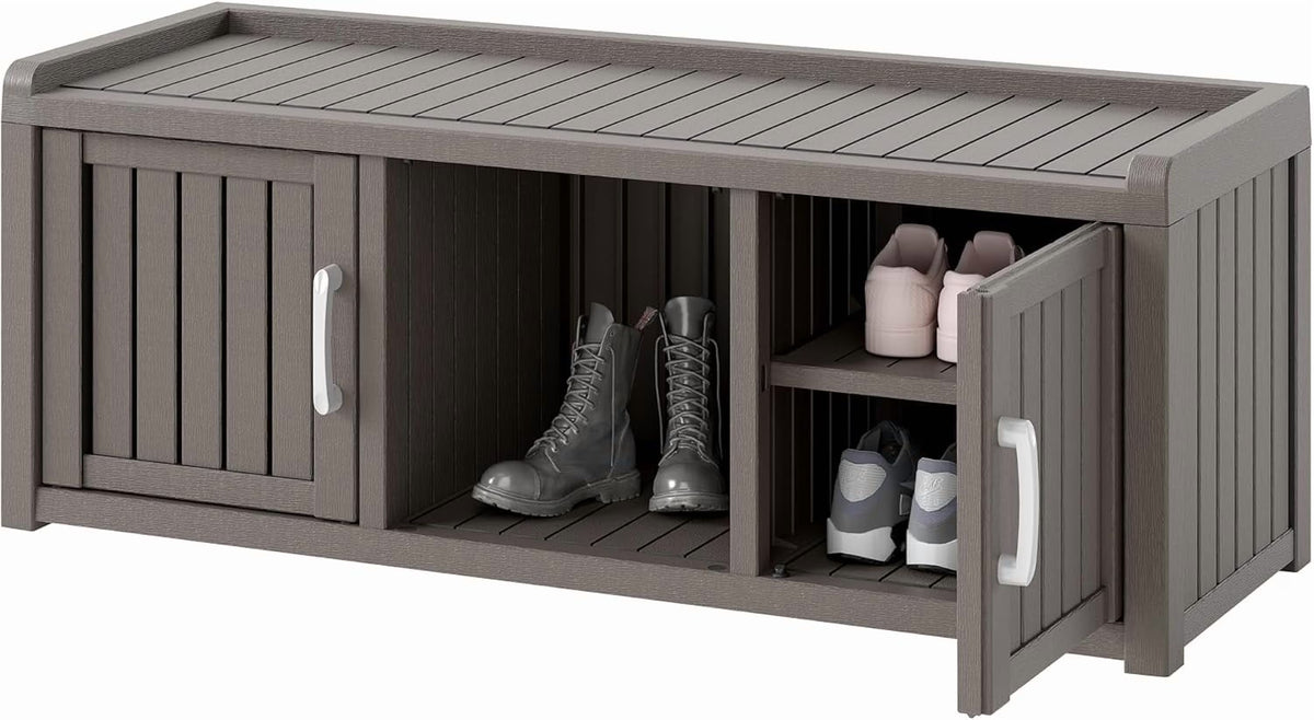 2026 NewKAMABOKO Outdoor Shoe Storage Cabinet, Waterproof UV-Resistant Entryway Storage Bench Indoor Outdoor with 2 Barn Doors, Adjustable Shelves for Entryway, Bedroom, Hallway,Living Room(Black)