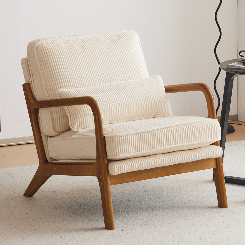 2026 NewKtaxon Accent Chair Corduroy Upholstered Armchair, Reading Club Chair with Pillow and Solid Wood Frame for Living Room Bedroom Furniture Off White