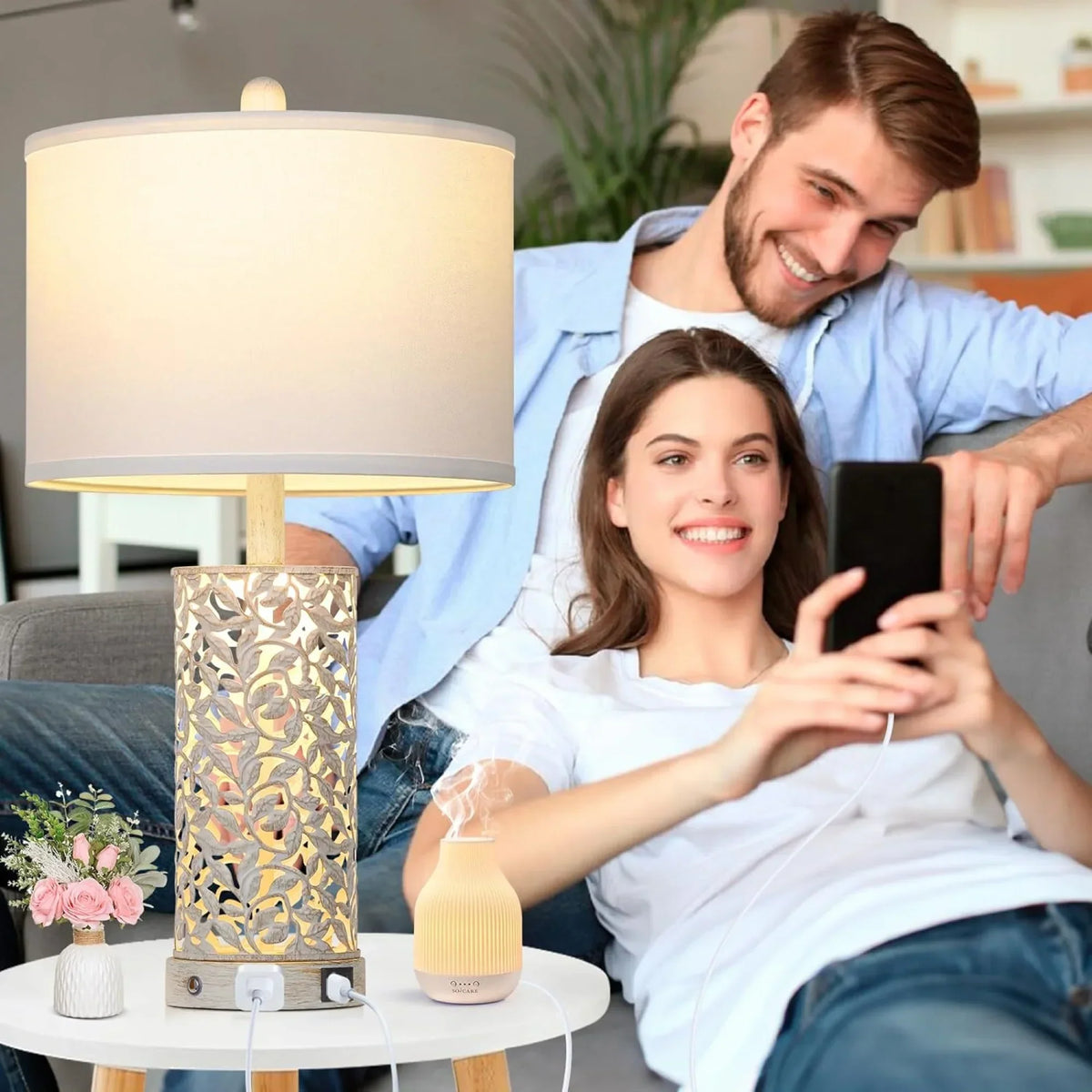 2026 NewCinkeda Table Lamp Set of 2 for Living Room Bedroom with USB Ports AC Outlet 3 Way Dimmable Touch Nightlight Farmhouse White Floral Nightstand Bedside Lamps