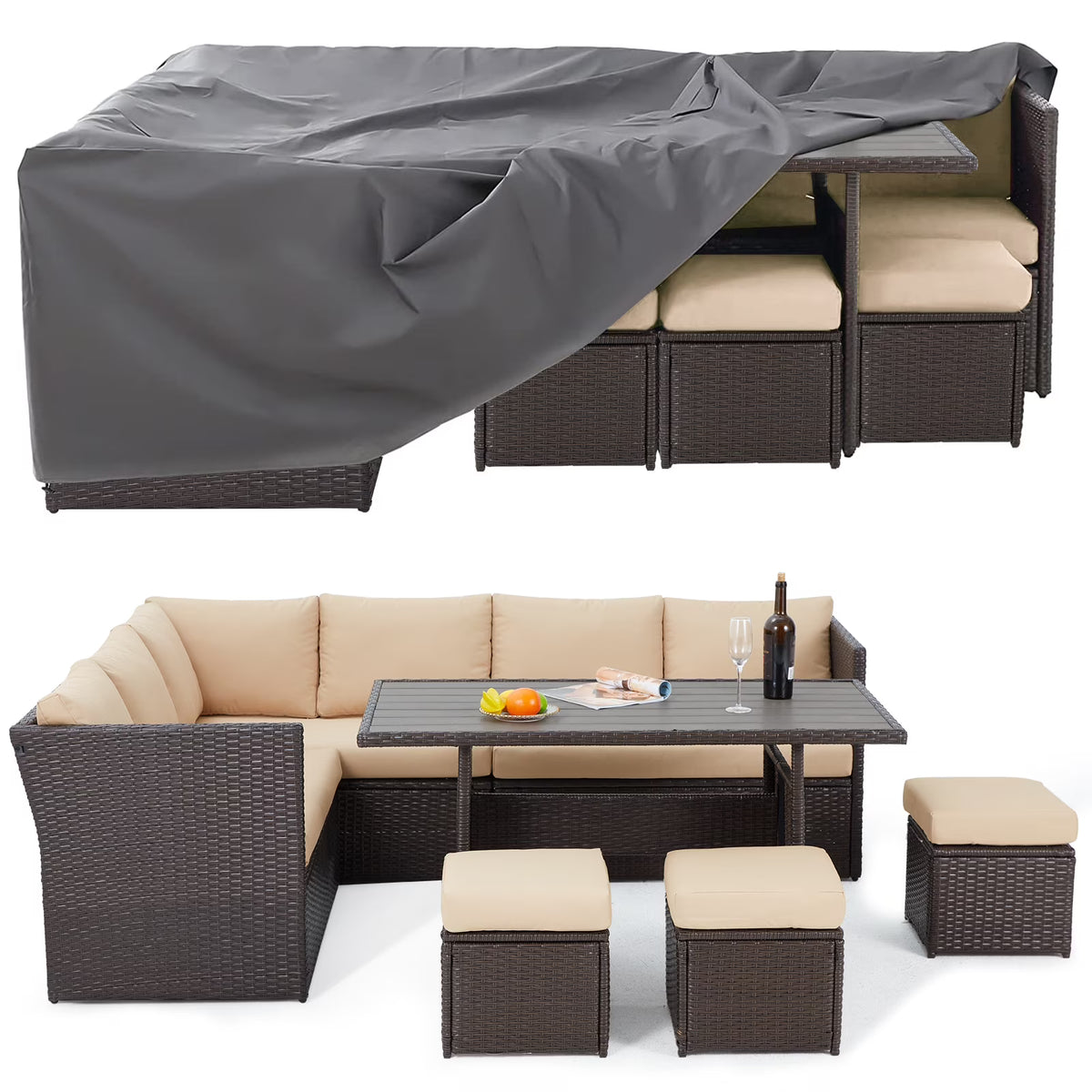2026 NewAECOJOY 7 Piece Patio Furniture Set PE Rattan Outdoor Dining Set Sectional Sofa Couch with Table Patio Conversation Set in Gray