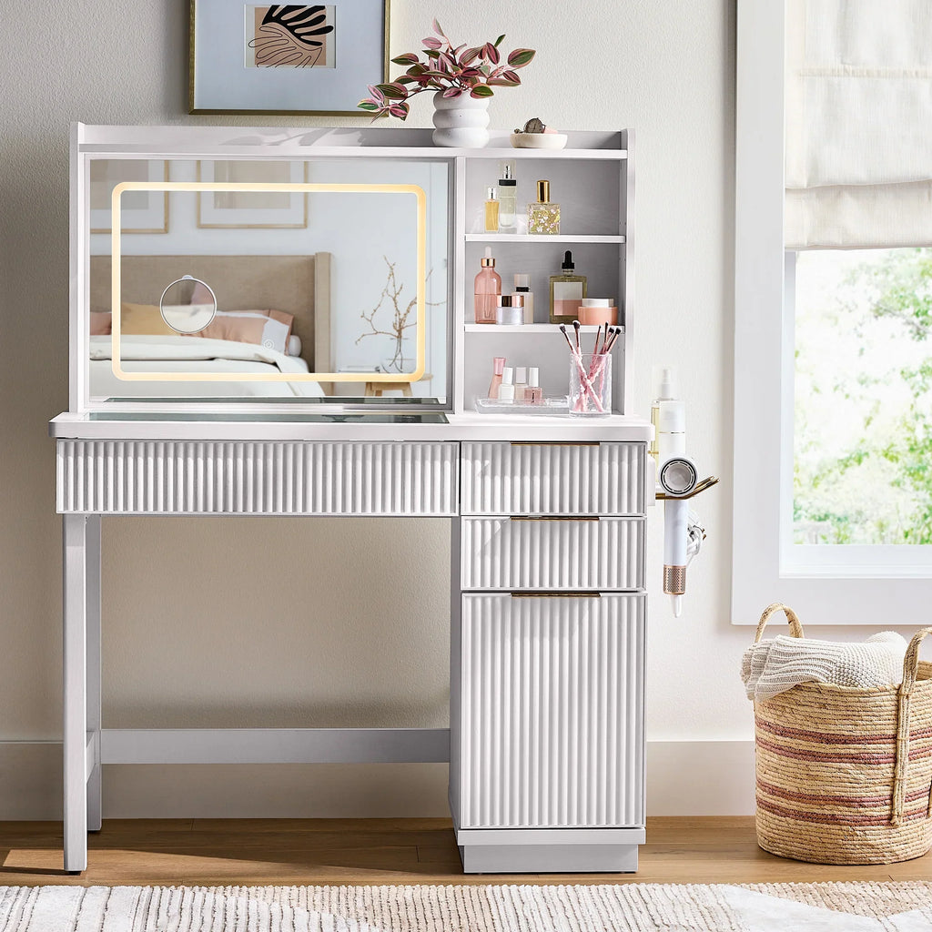 2026 NewBetter Homes & Gardens Lillian Vanity Desk with LED Lighted Mirror, White Finish