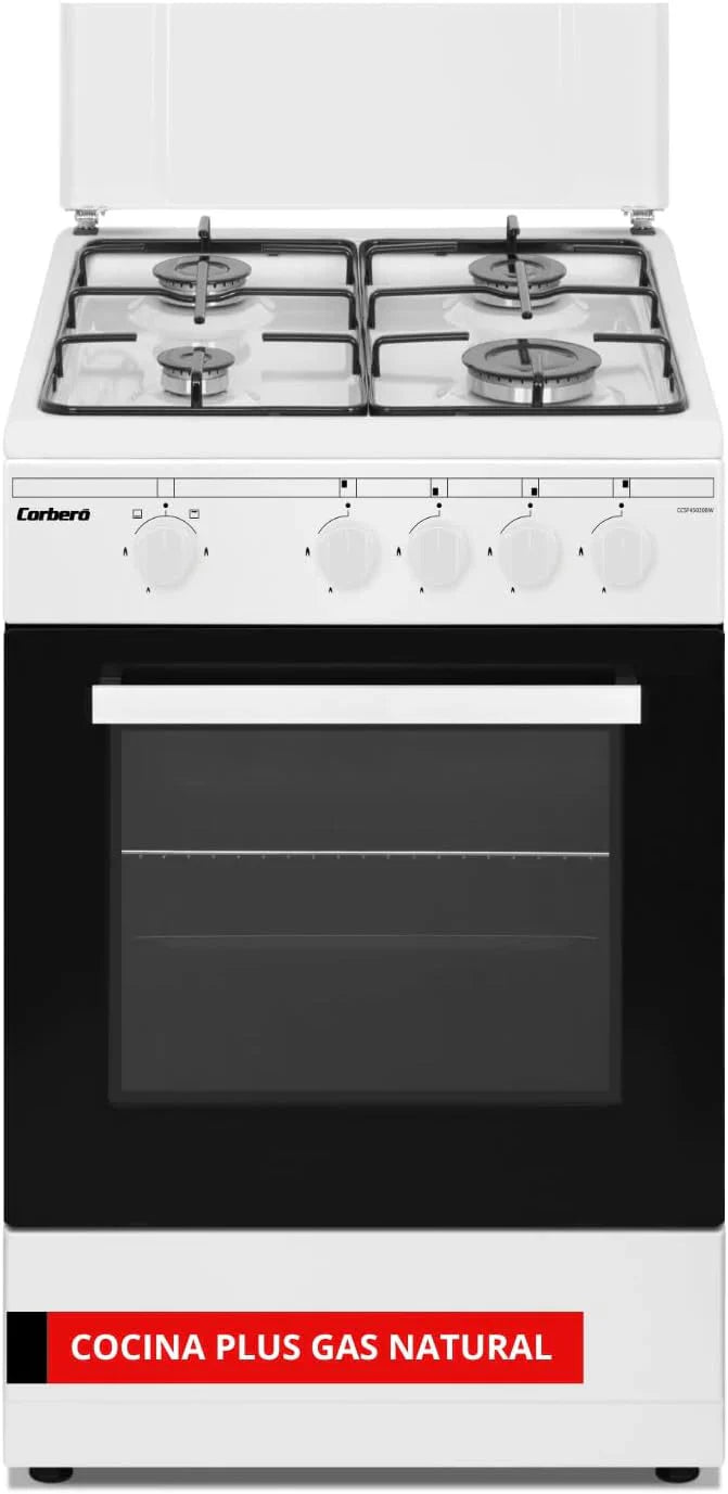 2026 Corberó – Cocina Plus | 50 cm | CCSF45020BW | 4 quemadores de gas butano | Horno de 43 L | Tapa metálica | Puerta de doble cristal | Bandeja y grill cromados | Apagado automático de seguridad | Blanco