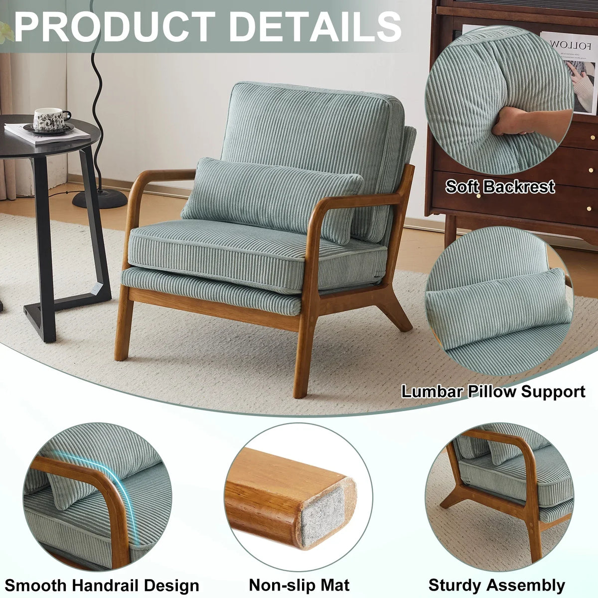 2026 NewKtaxon Accent Chair Corduroy Upholstered Armchair, Reading Club Chair with Pillow and Solid Wood Frame for Living Room Bedroom Furniture Off White