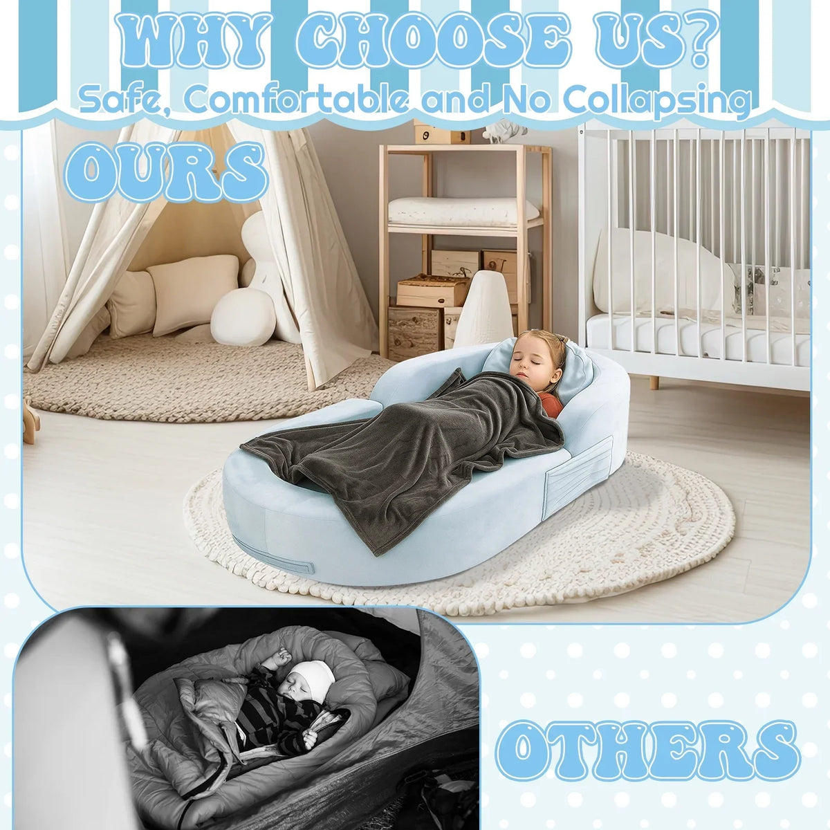 2026 NewCoumy Toddler Travel Bed 2-in-1 Kids Sofa Chair with Removable Cover, Soft Foam Portable Foldable Toddler Bed for Travel with Carrying Bag, Blue