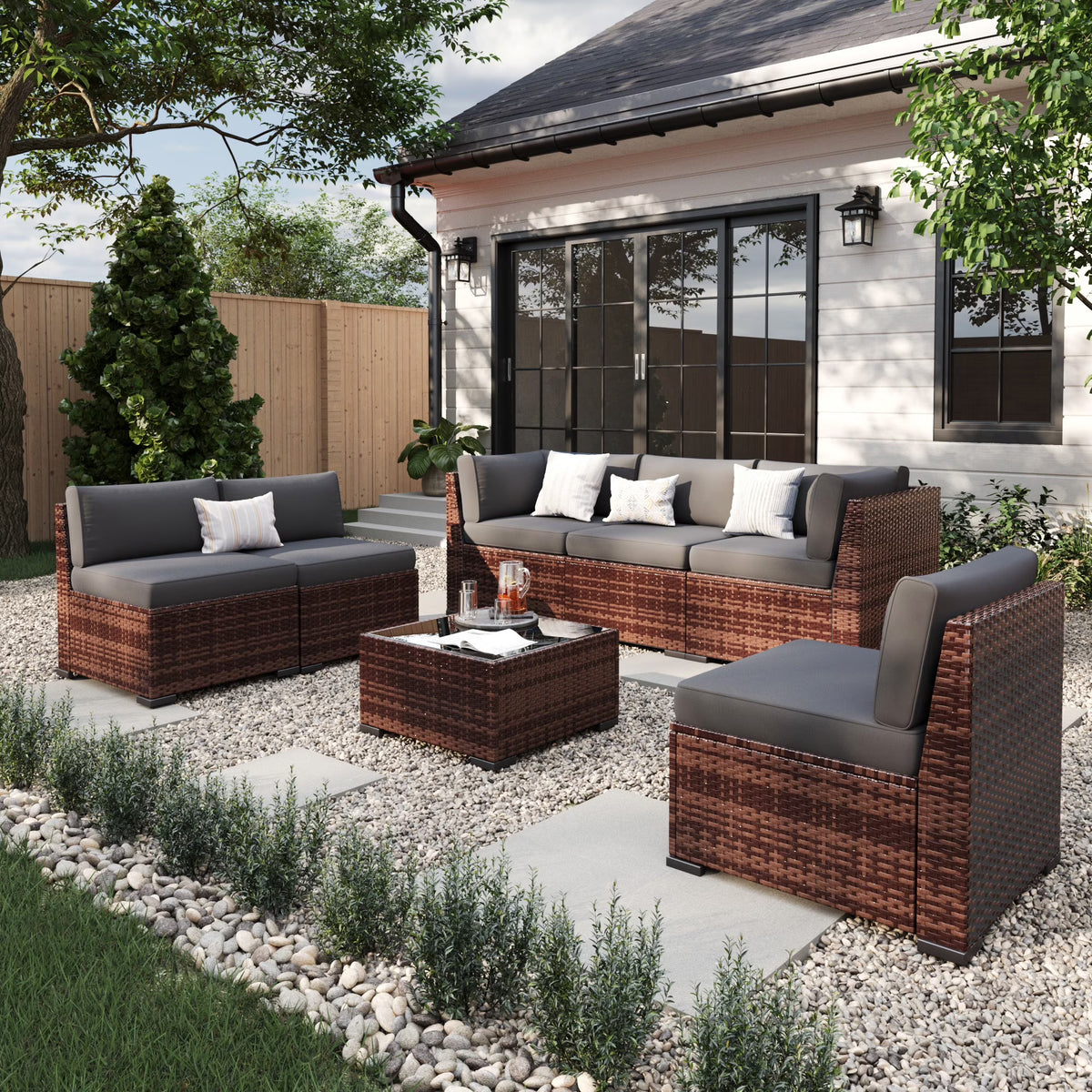 2026 NewELPOSUN 7 Pieces Patio Furniture Set, Outdoor Furniture Sectional Rattan Sofa for Backyard Garden Dark Grey