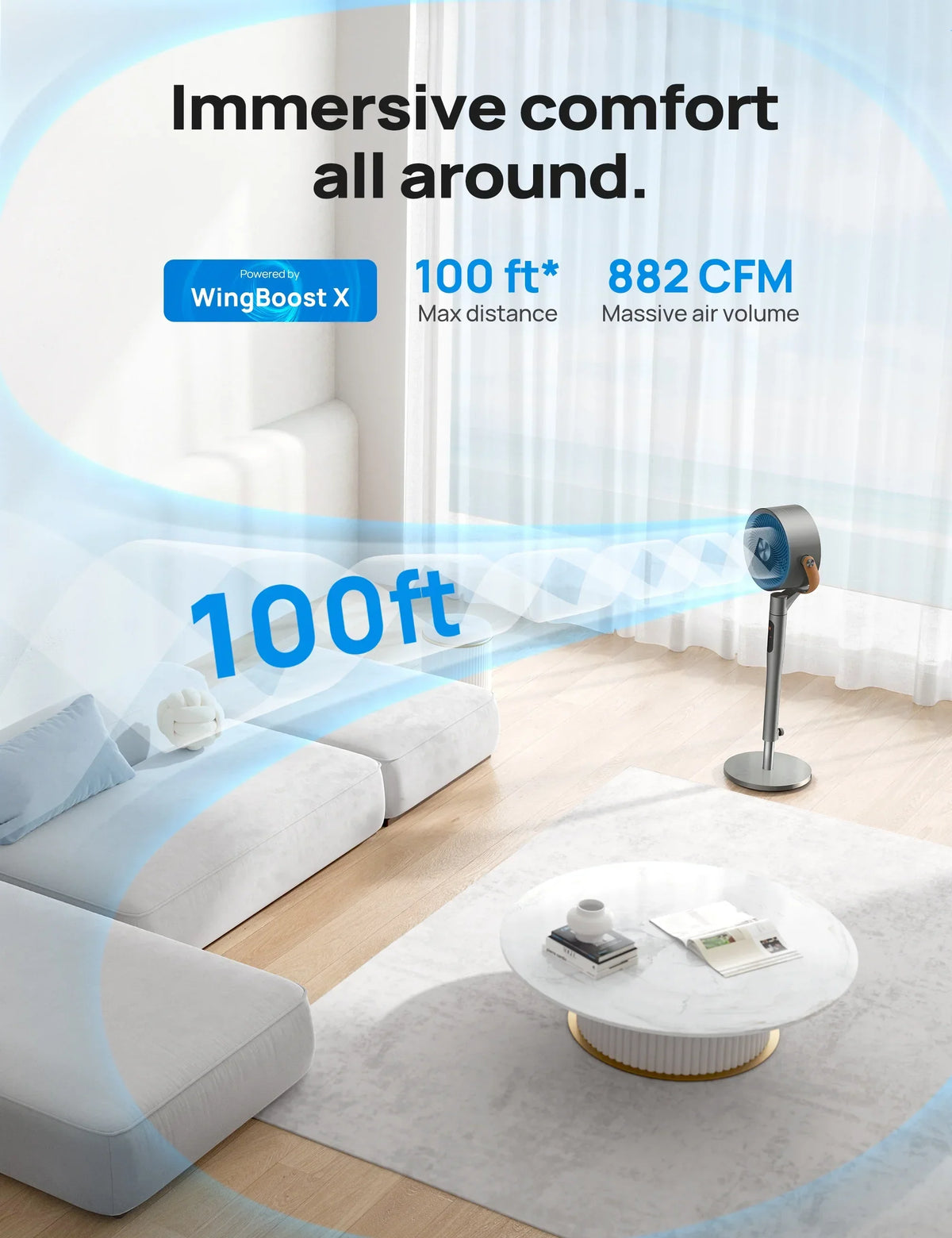 2026 NewDreo Pedestal Fan with Remote, 43'' Quiet Standing Fan for Home Bedroom, 120"+105" Smart Oscillating Floor Fans with Wi-Fi/Voice Control, Works with Alexa/Google, 6 Modes, 8 Speeds, 12H Timer