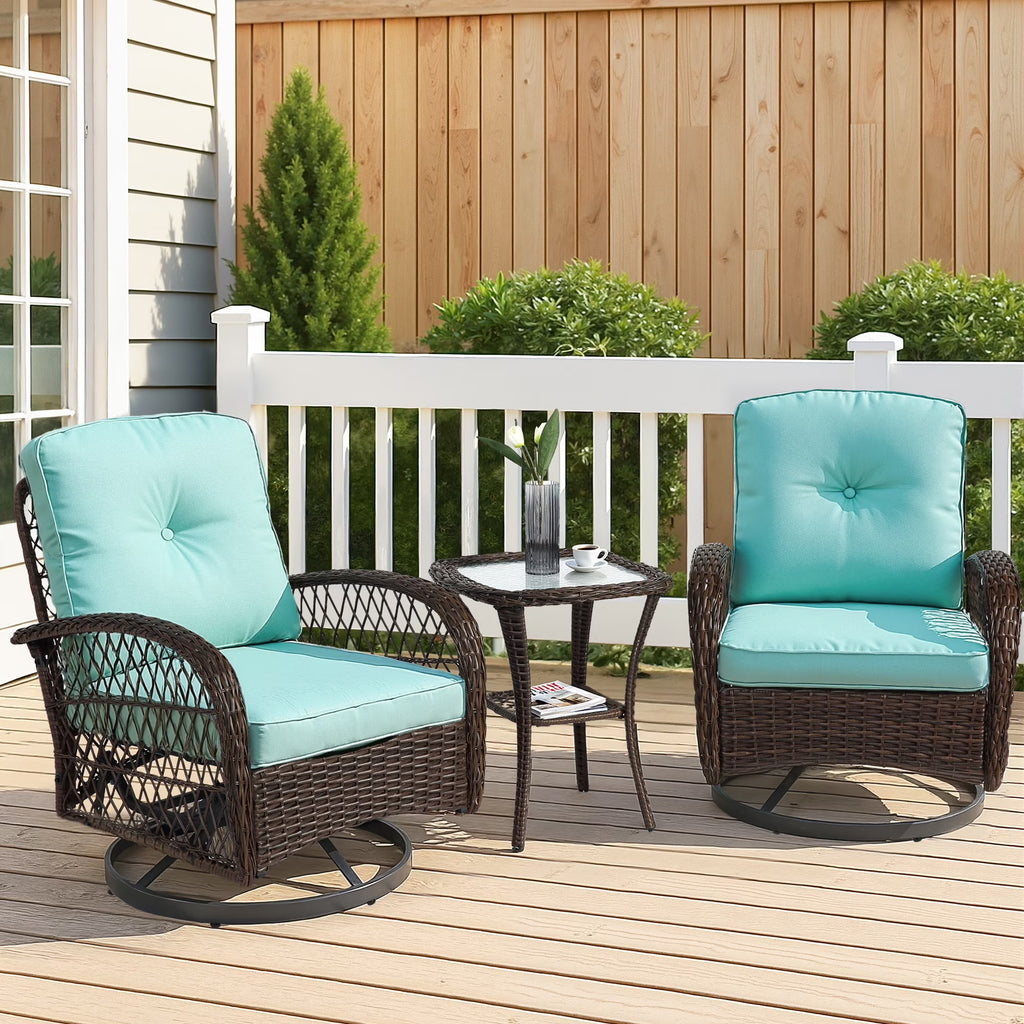2026 New3 Piece Patio Swivel Rocker Chairs Set, 2 360-Degree Swivel Rocking Chairs with 1 Glass Top Table, PE Rattan Outdoor Bistro Set with Cushions for Balcony Deck Poolside Backyard Porch