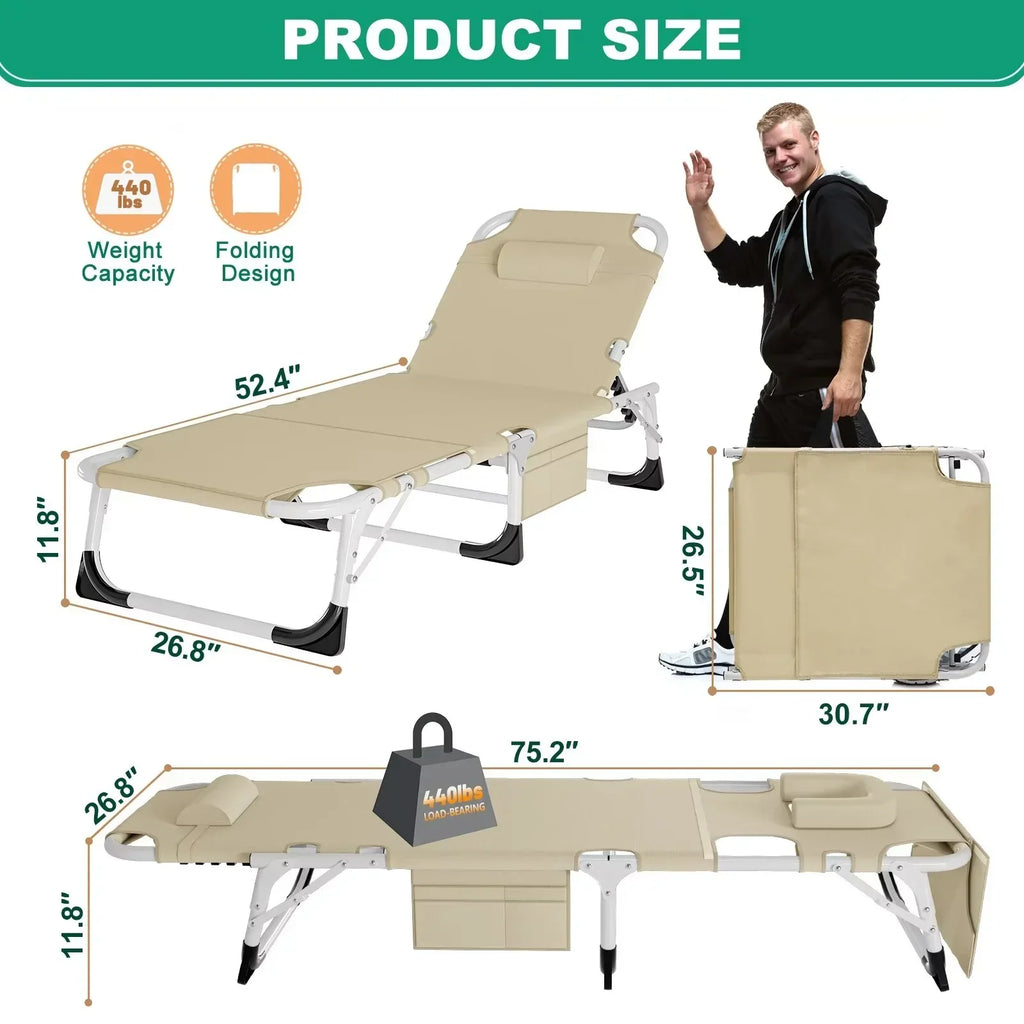 2026 NewMOPHOTO Lounge Chair with Mattress, Outdoor Chaise Lounge Support 440 Lbs, Adjustable Portable Heavy Duty Sleeping Cots Bed for Camping, Pool, Beach, Patio