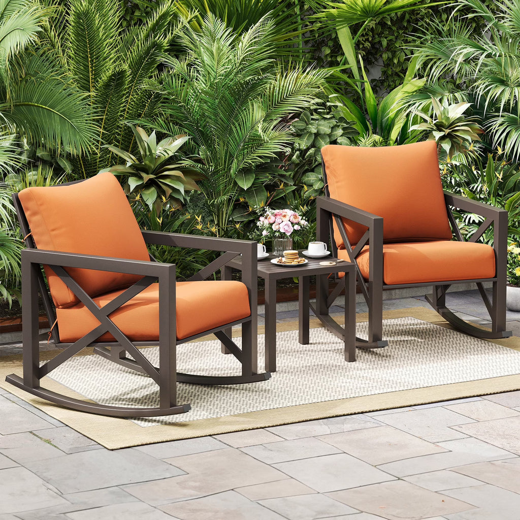 2026 NewMRUAKA Rocking Chair Bistro Set,3 Piece Outdoor Patio Furniture Set with 2 Rockers and 1 Metal Coffee Table with Thick Cushions for Porch,Backyard,Poolside,Beige