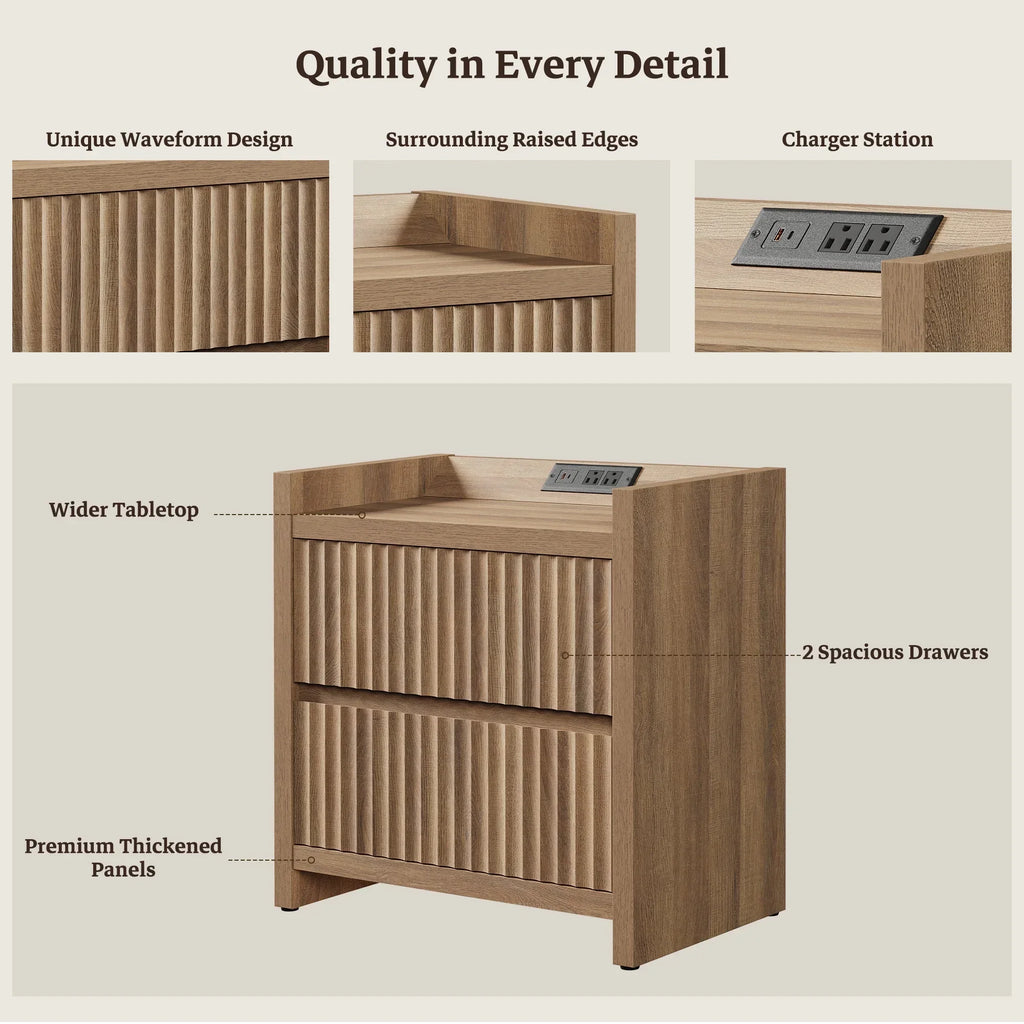 2026 NewSICOTAS 25.4" Wide Nightstand Set of 2 with Charging Station, Modern Night Stand with 2 Fluted Dresser & Handle-Less Storage Farmhouse Bed Side Table for Bedroom, Natural Oak