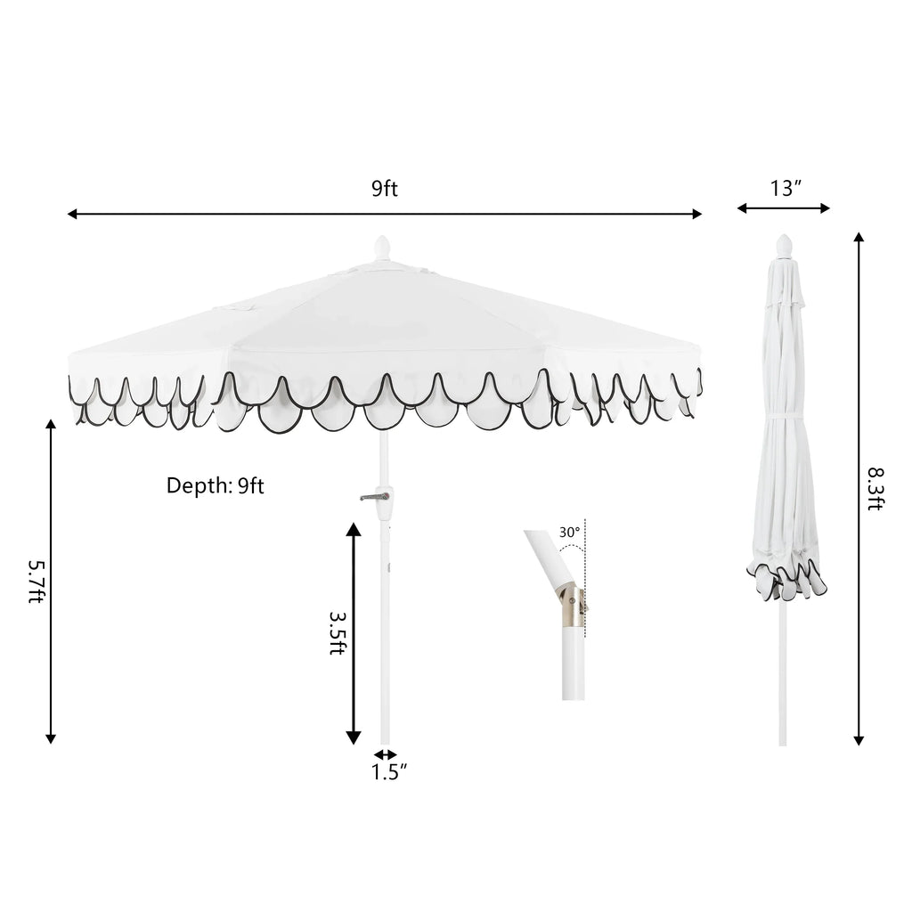 2026 NewJONATHAN Y Tracy 9 ft. Market Patio Umbrella, Classic Mid-Century Scalloped Fringe, with Auto-Tilt Crank, Wind Vent and UV Protection, Coral Pink/White, Dark Brown Pole