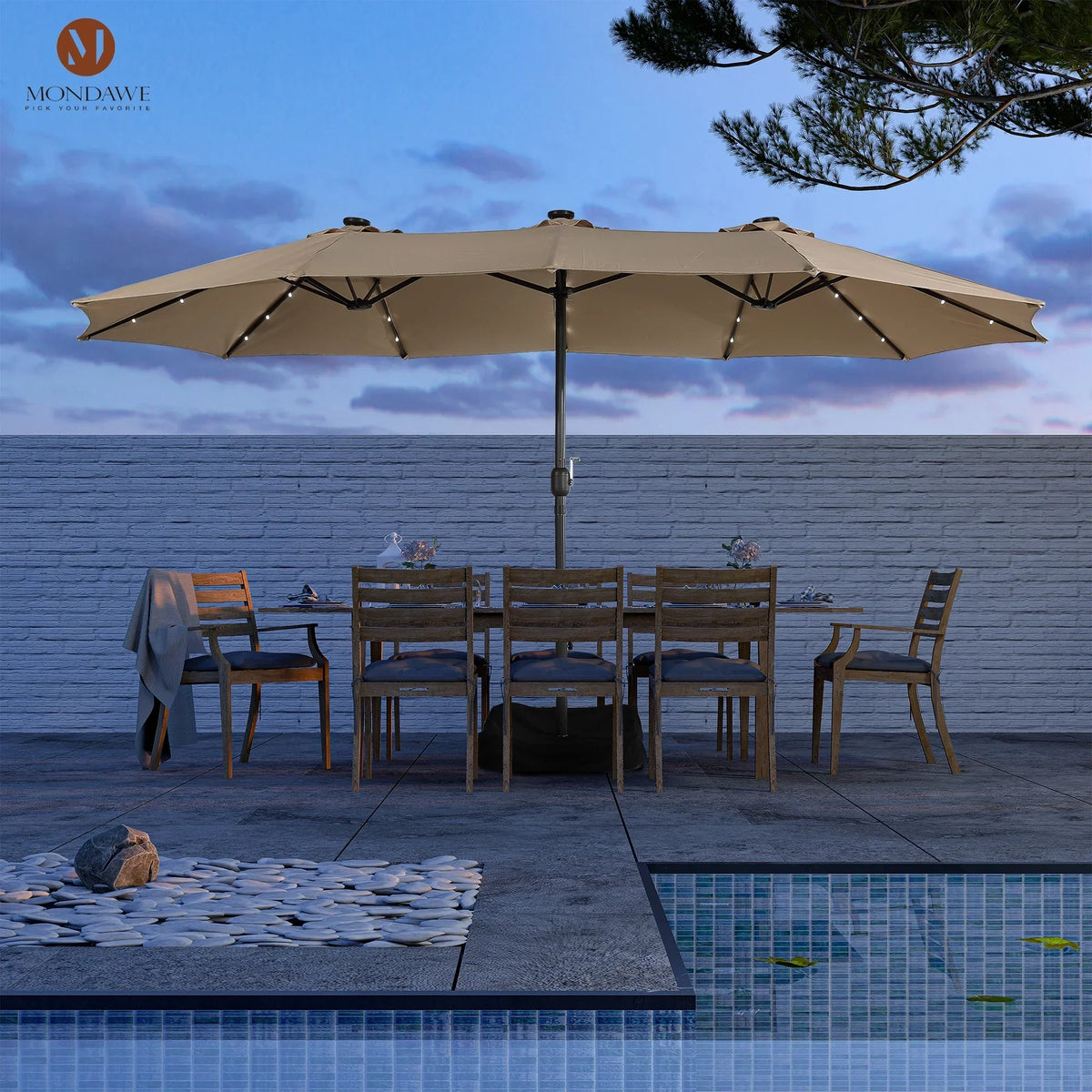 2026 NewMondawe 15ft Patio Umbrella Rectangular Outdoor Market Umbrella with Base and LED Lights Beige