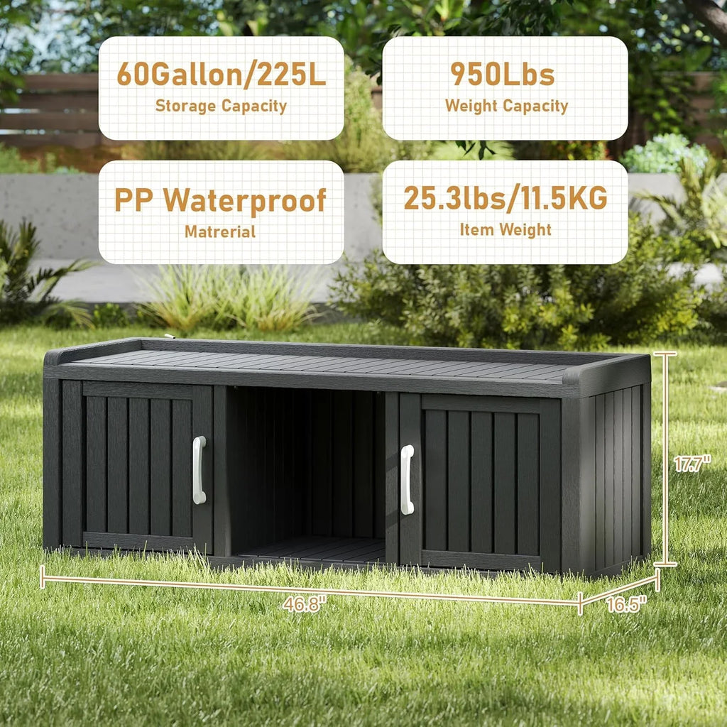 2026 NewKAMABOKO Outdoor Shoe Storage Cabinet, Waterproof UV-Resistant Entryway Storage Bench Indoor Outdoor with 2 Barn Doors, Adjustable Shelves for Entryway, Bedroom, Hallway,Living Room(Black)