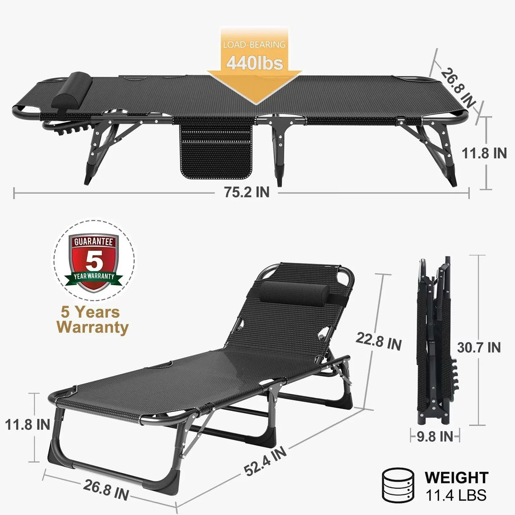 2026 NewMOPHOTO Lounge Chair with Mattress, Outdoor Chaise Lounge Support 440 Lbs, Adjustable Portable Heavy Duty Sleeping Cots Bed for Camping, Pool, Beach, Patio