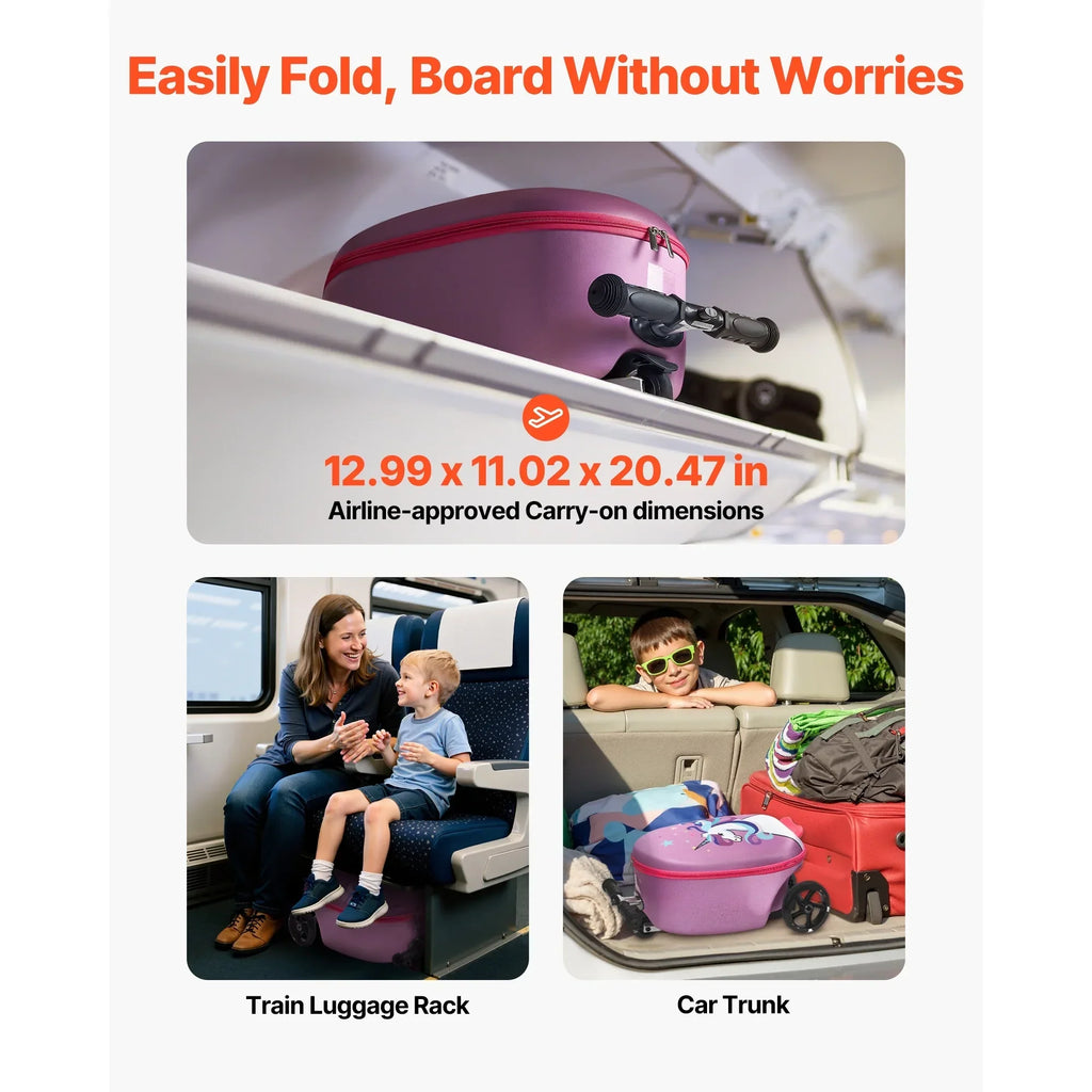 2026 NewKFFKFF Ride-on Kids Luggage, 20L Capacity, 20-Inch Scooter Suitcase with Flashing PU Wheels, Adjustable Handle & Non-Slip Grip, Foldable and Lightweight Travel Companion for Children Aged 5+, Purple