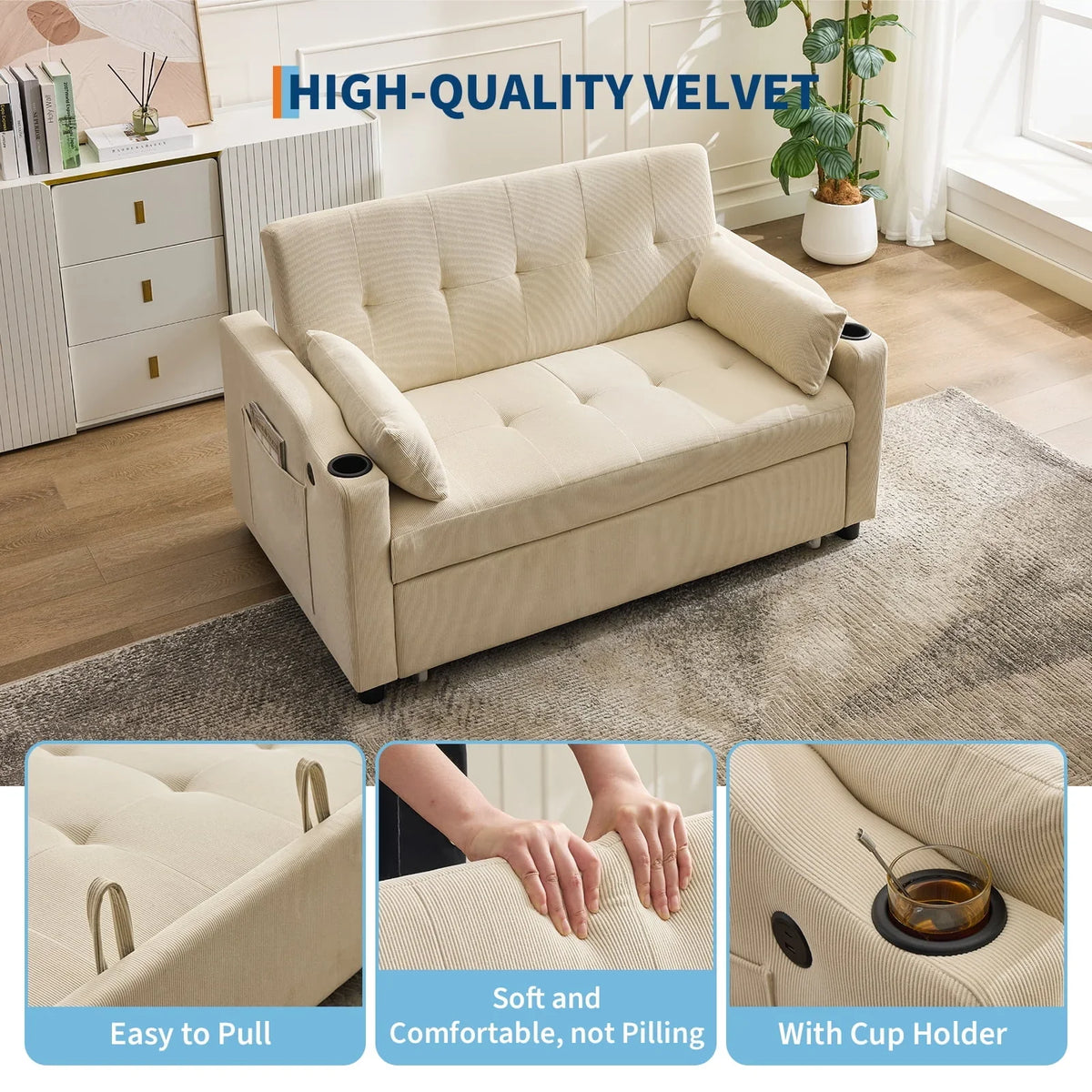 2026 New3 in 1 Convertible Sleeper Sofa Bed, Corduroy Futon Couches with Pull-Out Bed, Adjustable Backrest, Charging Port & Side Pockets, Modern Upholstered Sofa for Living Room, Guest Room