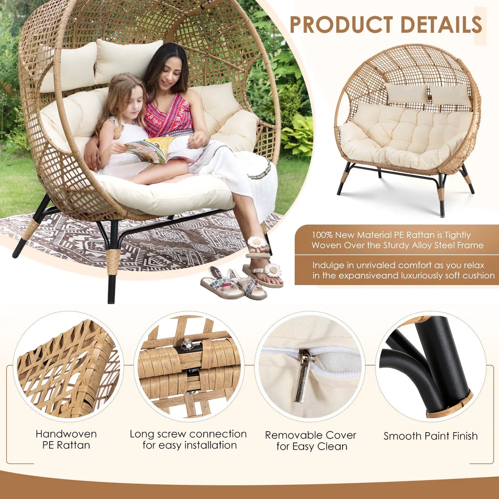 2026 NewRADIATA Double Egg Chair for 2 Person, Oversized Wicker Loveseat with Thick Cushions, 680 lbs Capacity, Indoor Outdoor Stationary Patio Lounge Chair for Balcony, Garden, Beige