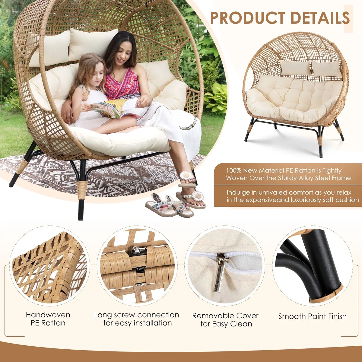 2026 NewRADIATA Double Egg Chair for 2 Person, Oversized Wicker Loveseat with Thick Cushions, 680 lbs Capacity, Indoor Outdoor Stationary Patio Lounge Chair for Balcony, Garden, Beige