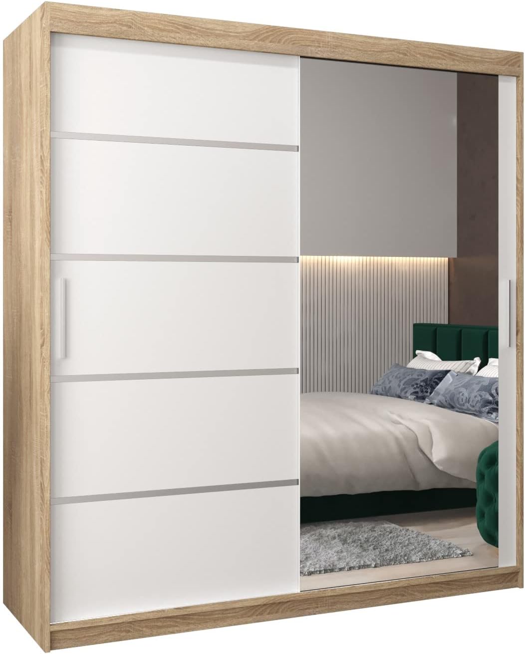 2026 ABIKSMEBLE Verona 2 180 Armario 2 Puertas Correderas para Dormitorio - Armario Moderno con Espejo, Barra y Estantes - 180x200x62 cm (Ancho x Alto x Fondo) - Sonoma Blanco Mate
