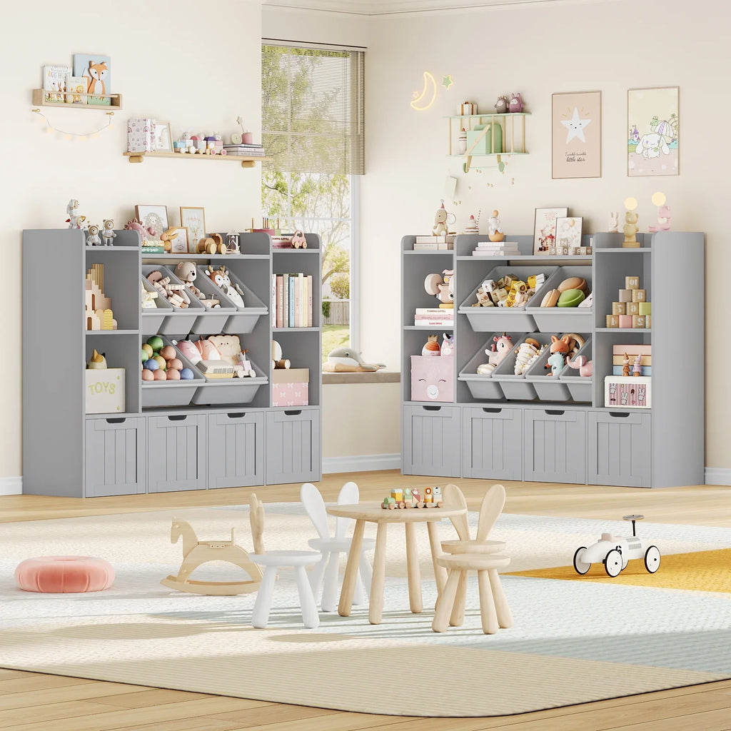 2026 NewHiphuta 3 Tier Kids Bookcase with Toy Storage Organizer, Wood Toy Organizer of 6 Boxes & 4 Removable Drawers, White