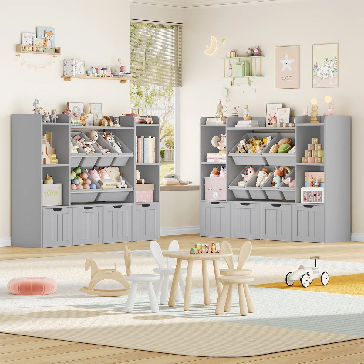 2026 NewHiphuta 3 Tier Kids Bookcase with Toy Storage Organizer, Wood Toy Organizer of 6 Boxes & 4 Removable Drawers, White