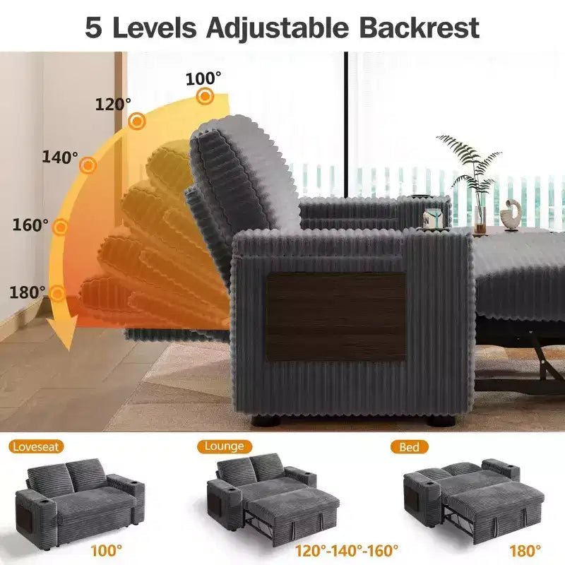 2026 Dyonery Sofá cama 4 en 1 de 65,5" con respaldos ajustables, carga USB/Type-C, portavasos y bolsillos, verde
