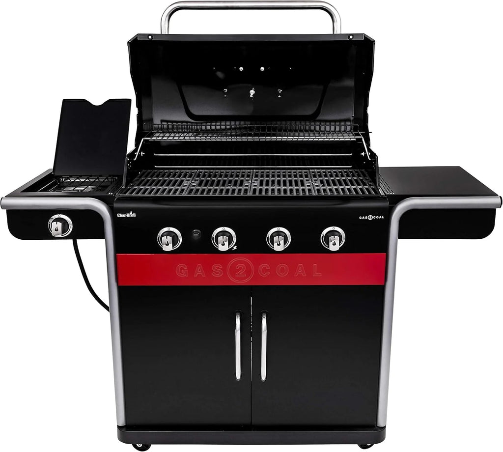 2026 Gas2Coal® Barbacoa híbrida: barbacoa de gas y carbón de tres quemadores, acabado en negro.