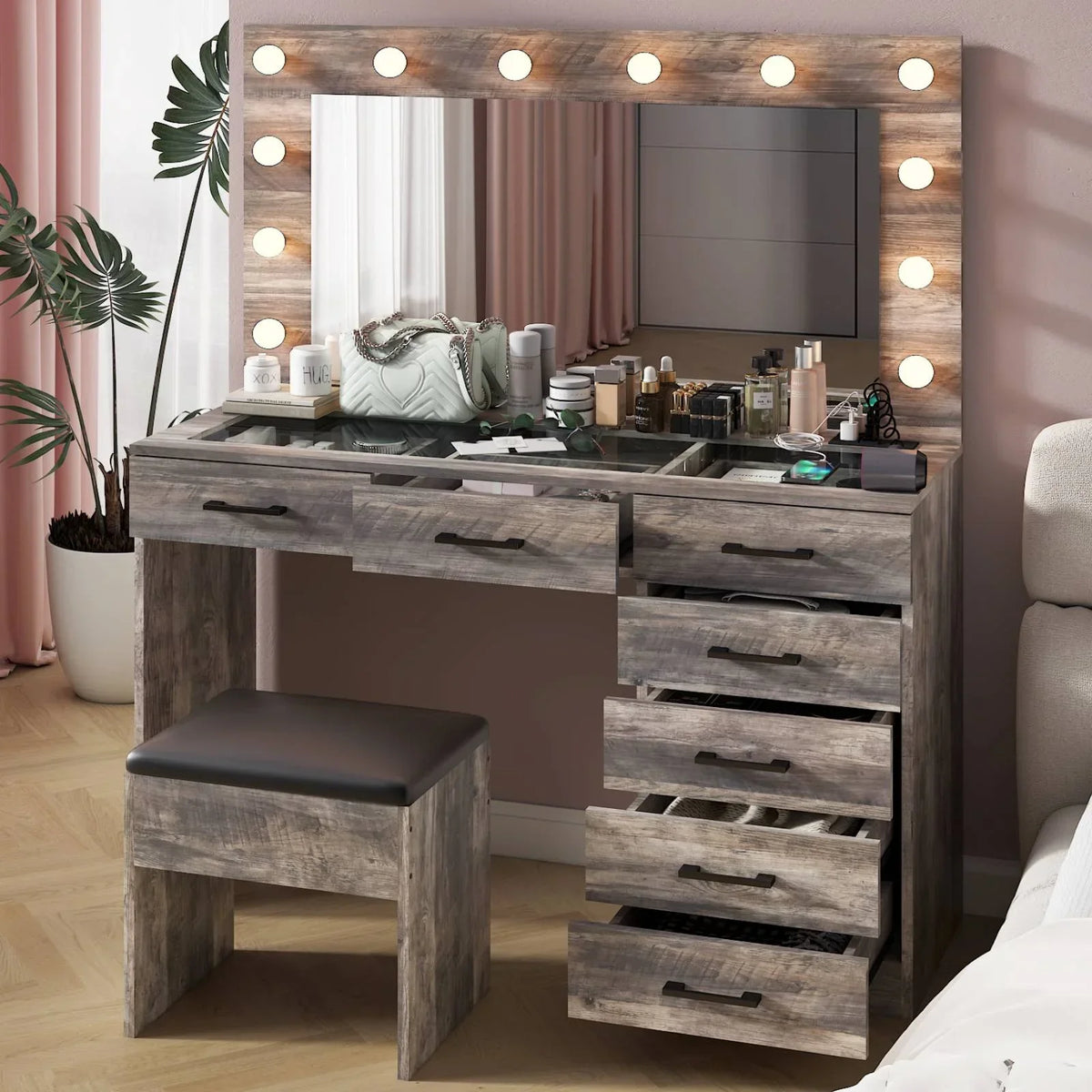 2026 NewKtaxon Large Makeup Vanity, Vanity Table Set w/ Visible Glass Top w/ Charging Station, White