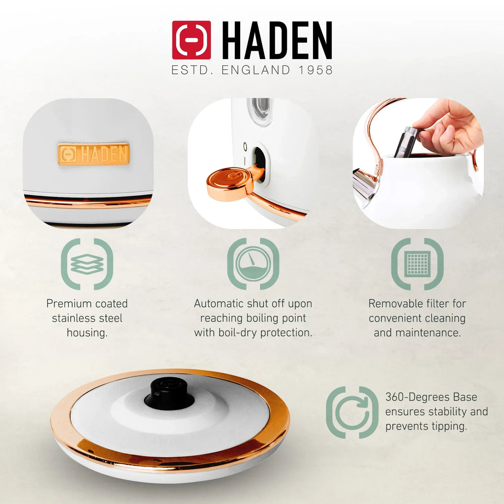 2026 NewHaden Heritage 1500 1.7 Electric Kettle, Matte Black Finish with Copper Accents