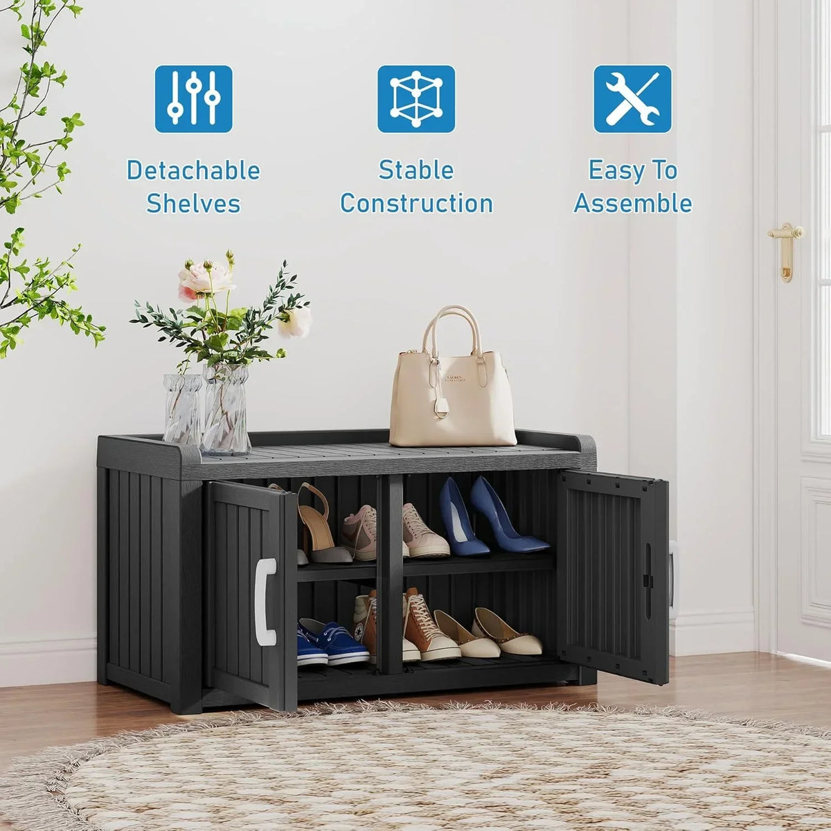 2026 NewKAMABOKO Outdoor Shoe Storage Cabinet, Waterproof UV-Resistant Entryway Storage Bench Indoor Outdoor with 2 Barn Doors, Adjustable Shelves for Entryway, Bedroom, Hallway,Living Room(Black)