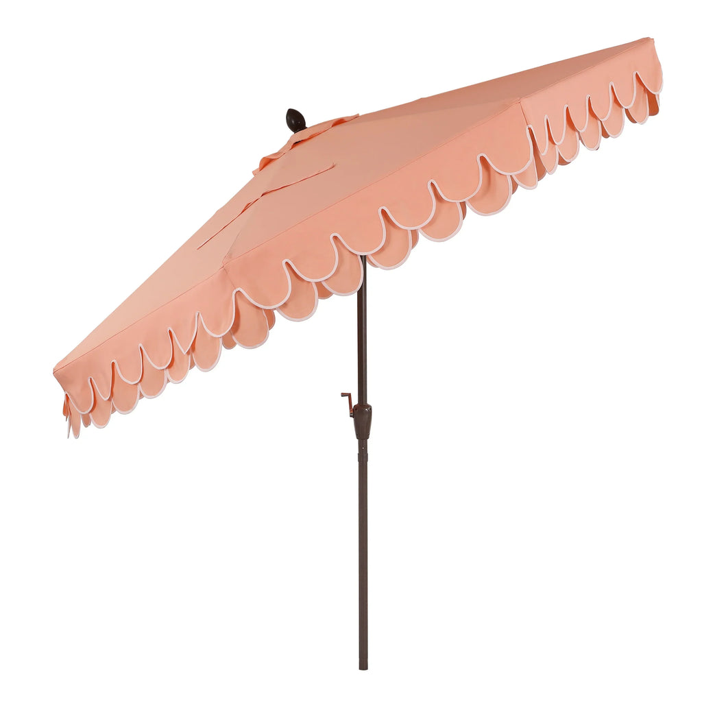 2026 NewJONATHAN Y Tracy 9 ft. Market Patio Umbrella, Classic Mid-Century Scalloped Fringe, with Auto-Tilt Crank, Wind Vent and UV Protection, Coral Pink/White, Dark Brown Pole