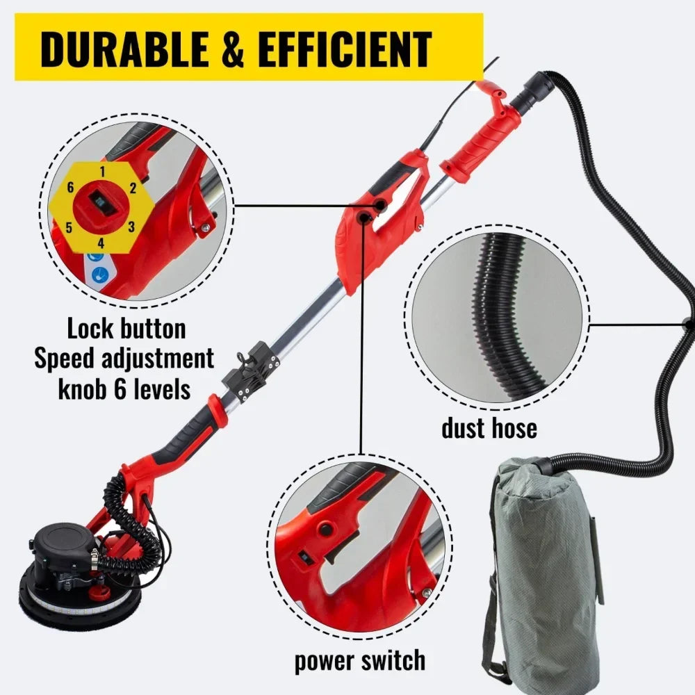 2026 NewVEVOR Electric Drywall Sander 850W Variable Speed 800-1750 RPM Foldable Sheetrock Sander with Telescope Handle LED Strip Light Vacuum Bag Wall Sander for Professional Use