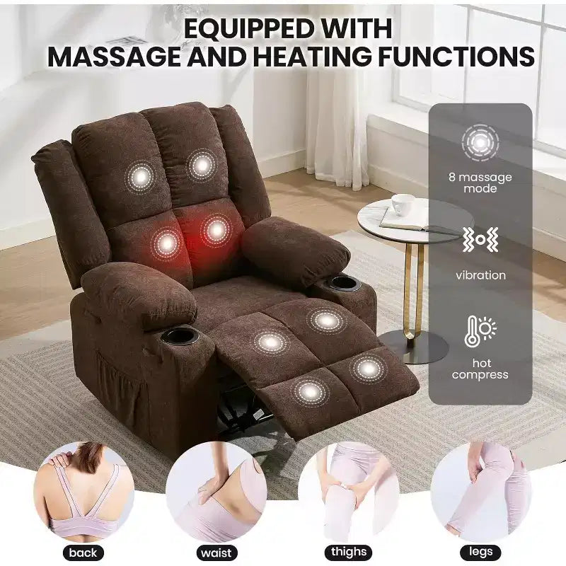 2026 Sillón reclinable manual con masaje por vibración y calefacción lumbar, bolsillo lateral y portavasos