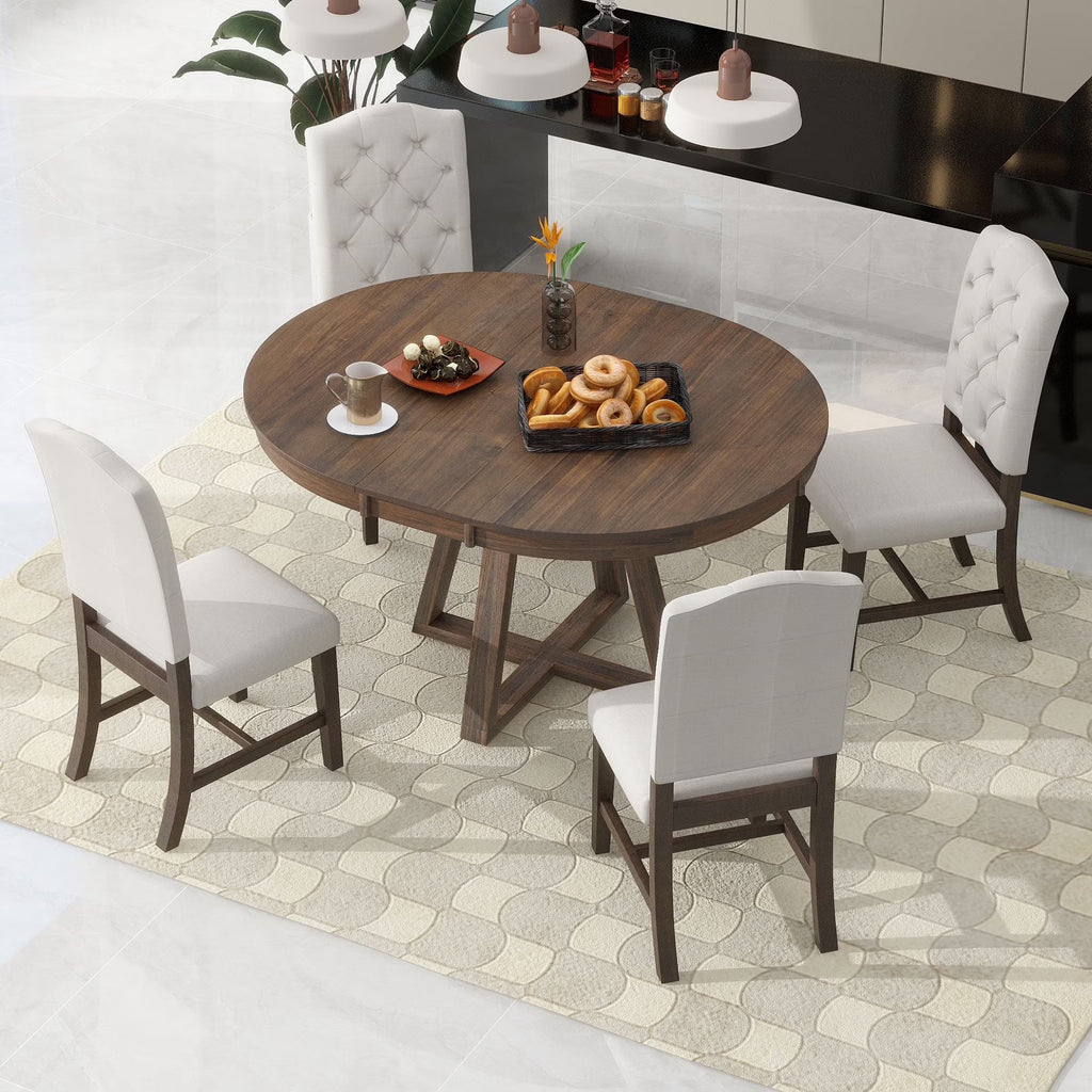 2026 New5 Piece Round Dining Table Set, Dining Room Set with Extendable Table and 4 Upholstered Chairs, Wood Dining Table Set for 4, Farmhouse Dining Table Set for Kitchen Dining Room Dorm Apartment, Brown