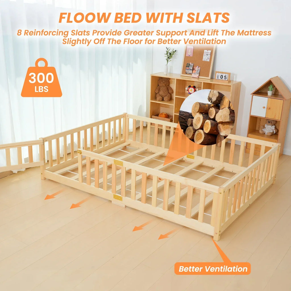 2026 NewSlsy Twin Size Toddler Floor Bed, Solid Wood Montessori Bed Frame with Fence & Door Montessori Floor Bed Crib with Safety Guardrails for Girls and Boys