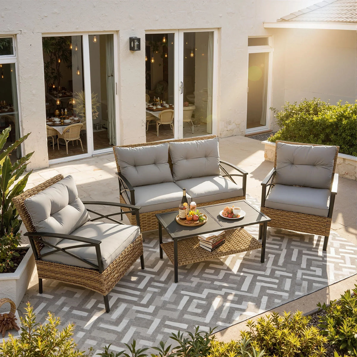 2026 NewHeavy-duty Patio Furniture Set, 4 Piece Outdoor Sectional Conversation Sets, BrownPE Rattan Patio Sofa Set with Blue Cushions