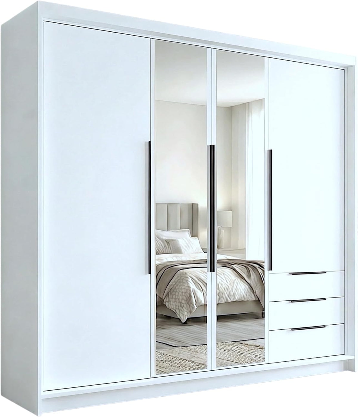 2026 Armario VIVO de A and J MöbelLand de 4 puertas con espejo y cajones - 200 x 215 cm - Armario con puertas batientes, barra para colgar ropa y estantes.