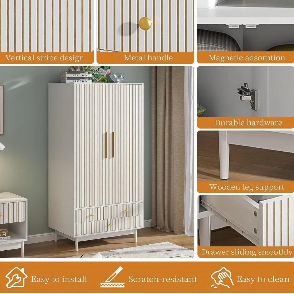 2026 NewArmoire Wardrobe Closet with 2 Doors, Wardrobe Cabinet with Hanging Rod and Drawers, Wooden Closet for Bedroom, White