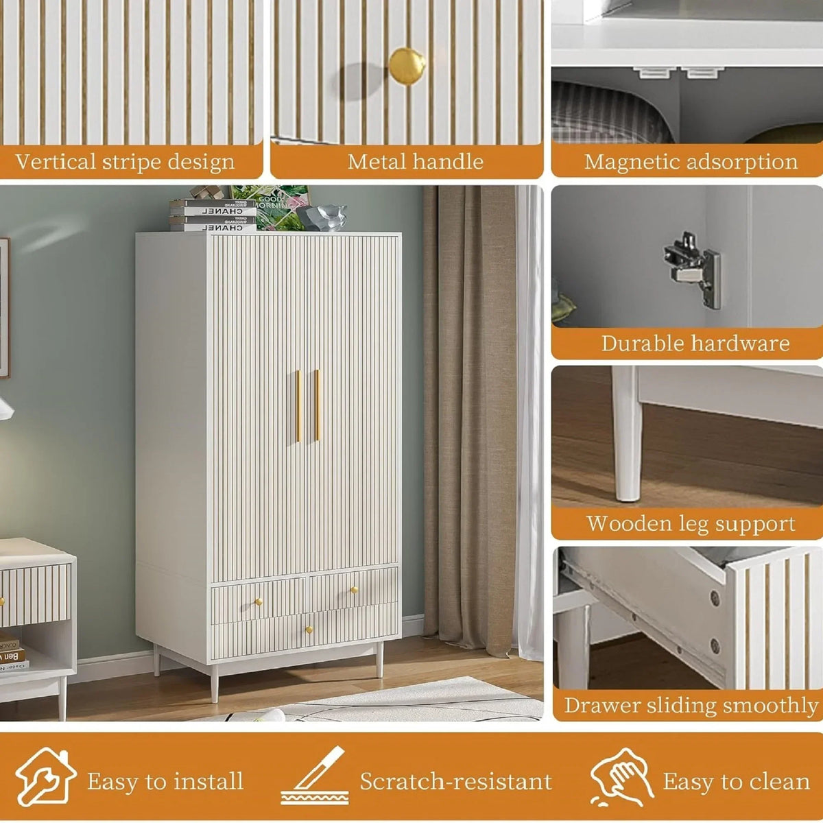 2026 NewArmoire Wardrobe Closet with 2 Doors, Wardrobe Cabinet with Hanging Rod and Drawers, Wooden Closet for Bedroom, White