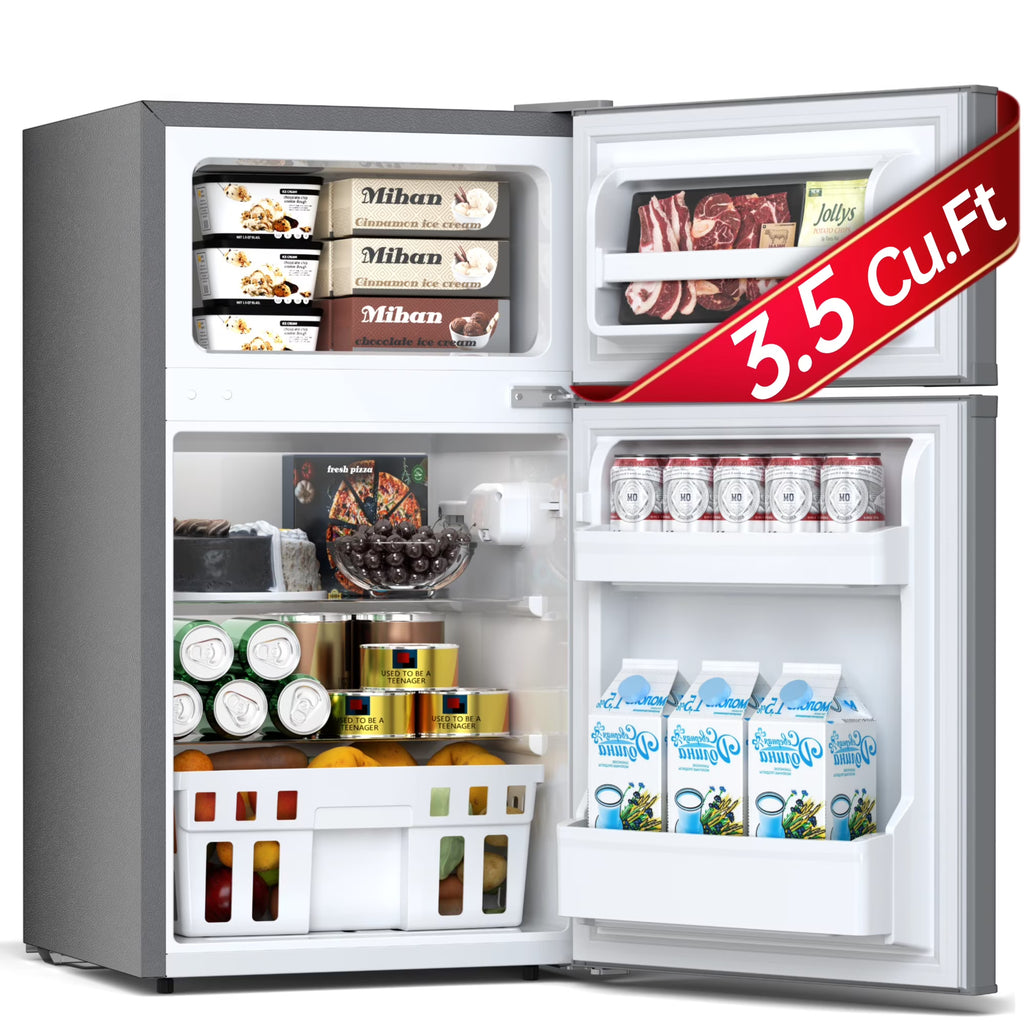 2026 NewAuseo 3.1 Cu.Ft Double Door Mini Fridge with Freezer, Compact Retro Refrigerator for Dorm, Office, Bar, Bedroom, Black