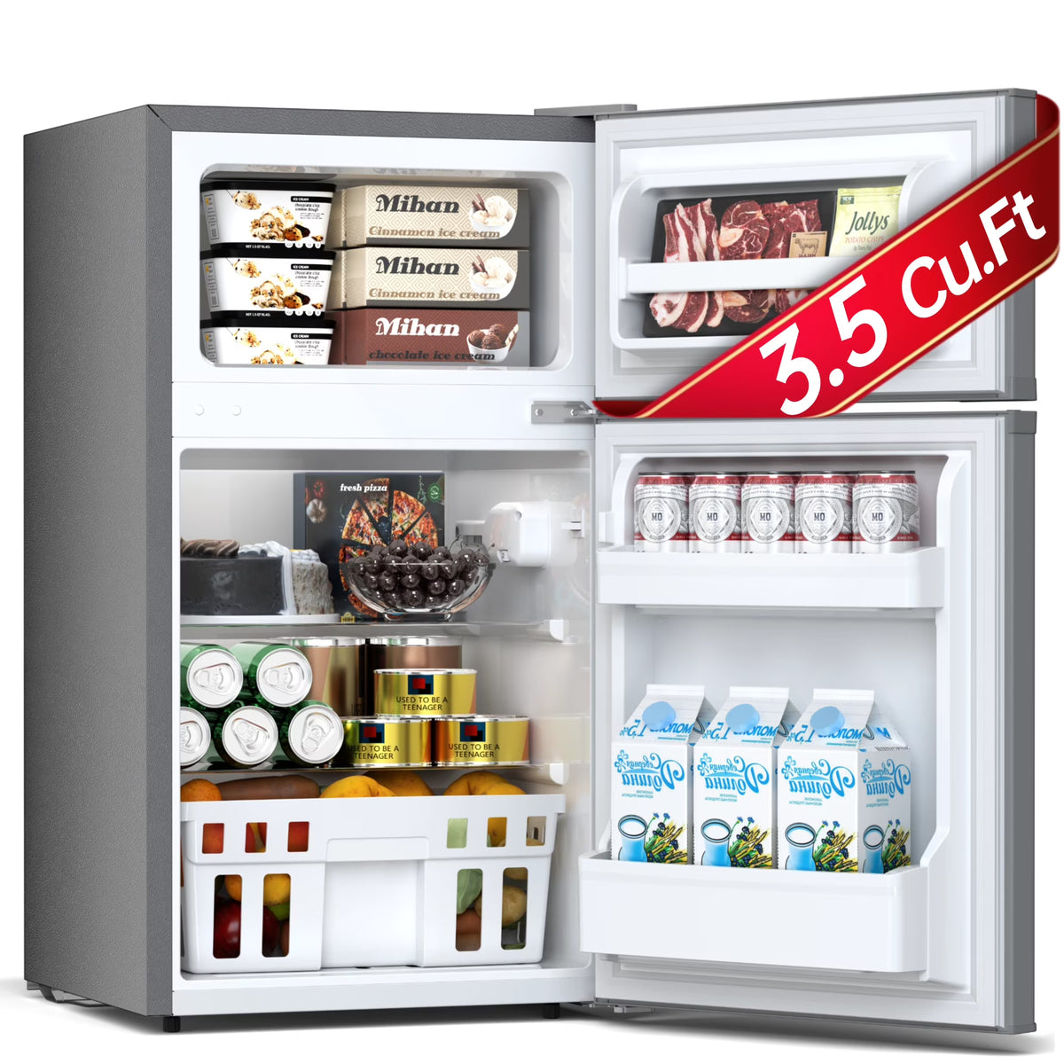 2026 NewAuseo 3.1 Cu.Ft Double Door Mini Fridge with Freezer, Compact Retro Refrigerator for Dorm, Office, Bar, Bedroom, Black