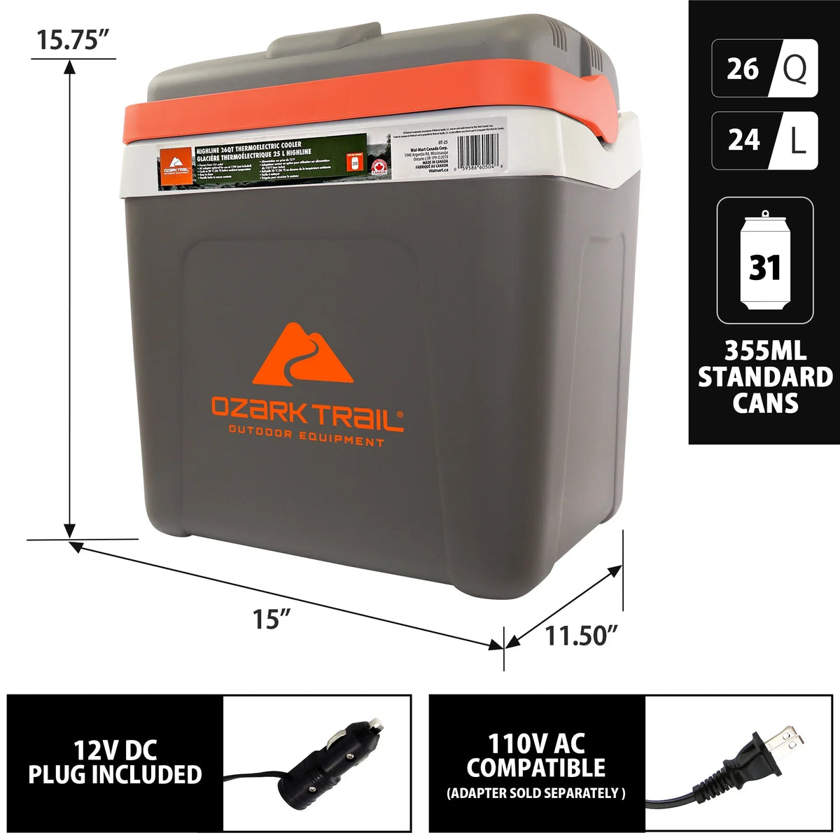 2026 NewOzark Trail 26QT electric Cooler 12V Portable Travel Beach Camping Picnic Insulated Cooler 30 Cans Iceless 24L, Grey