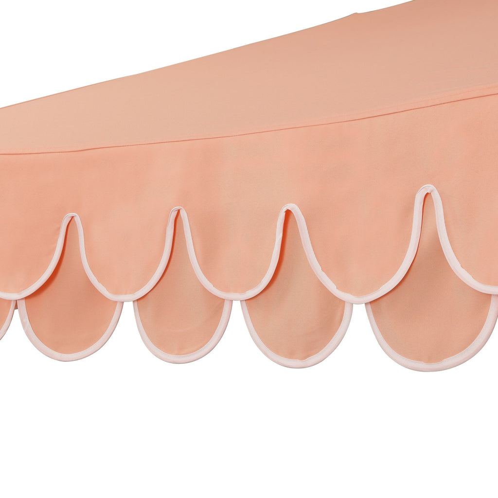 2026 NewJONATHAN Y Tracy 9 ft. Market Patio Umbrella, Classic Mid-Century Scalloped Fringe, with Auto-Tilt Crank, Wind Vent and UV Protection, Coral Pink/White, Dark Brown Pole