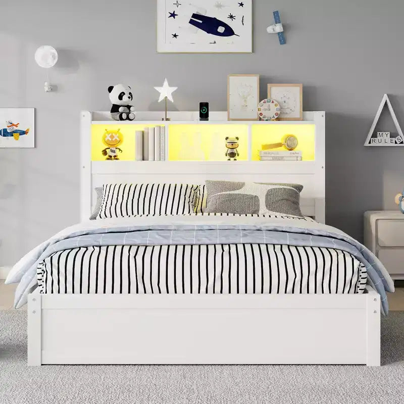 2026 Cama plataforma moderna de madera con cajones de almacenamiento y cabecero LED, natural/blanco, Twin/Full