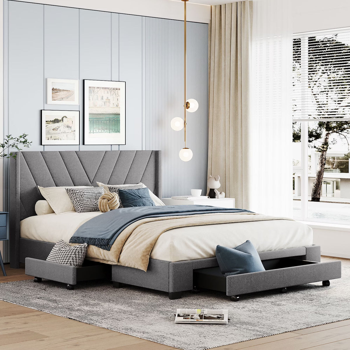 2026 NewSesslife Queen Bed Frame with Storage, New Upgraded Linen Upholstered Platform Bed with 3 Drawers, Queen Size Storage Bed with Headboard and Wooden Slats, No Box Spring Needed, Holds 500lbs, Beige