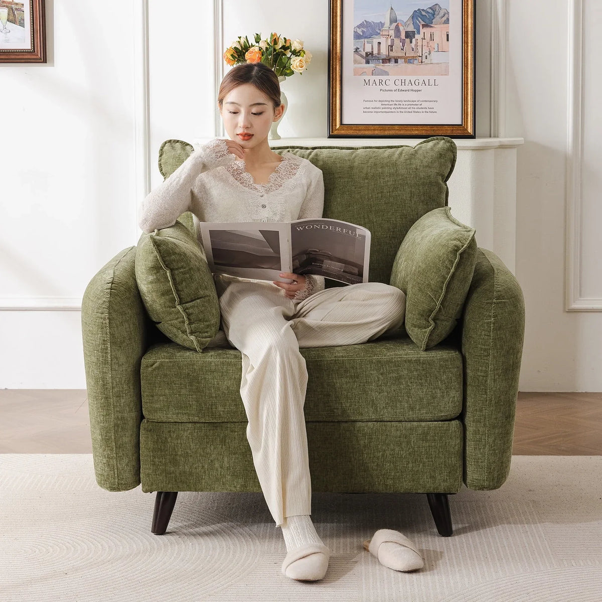 2026 NewRexulqo Oversized Accent Chair with All Seats Storage,Comfy Living Room Chairs with 2 Throw Pillow,Upholstered Mid-Century Armchair,24.5'' Deep Seat,Reading Chair For Bedroom,Office,Chenille,Green